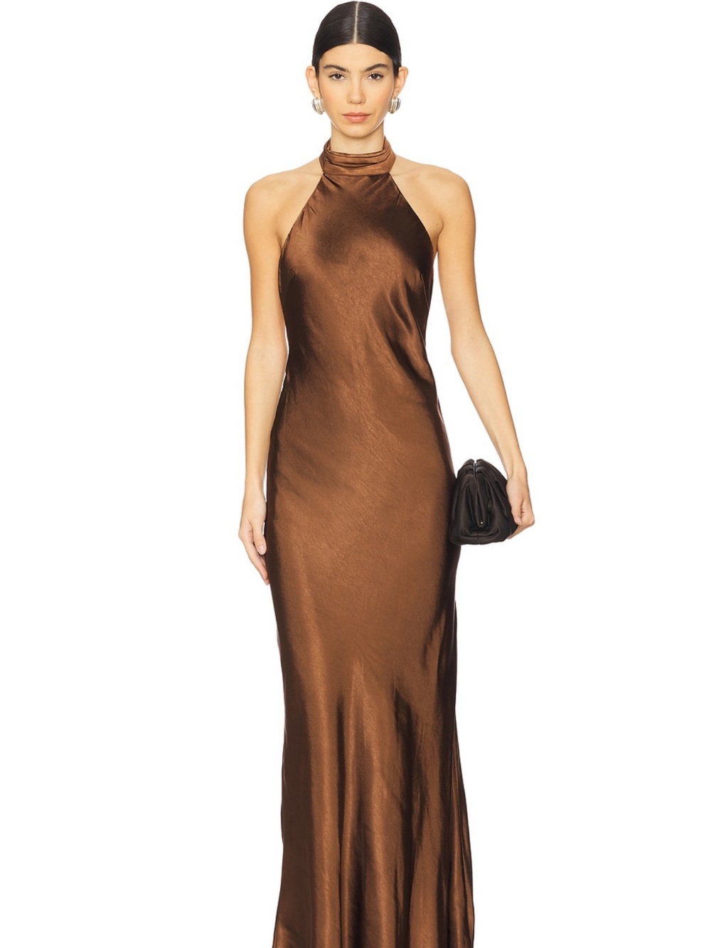 Satin Halter Maxi Gown in Brown